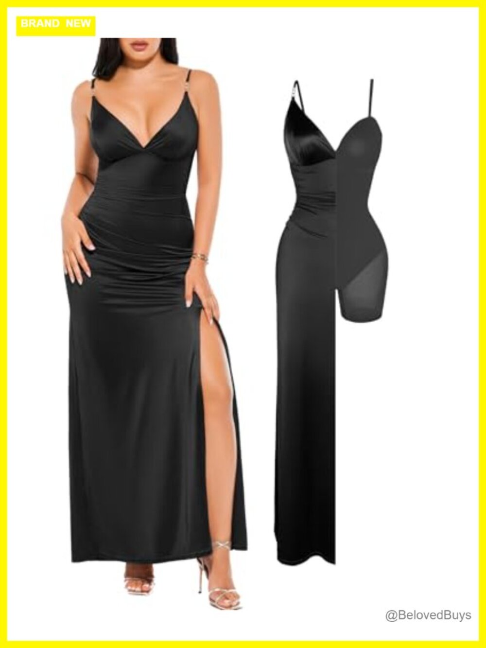 Satin Maxi Formal Cocktail Dress V-Neck Rhinestone Strap